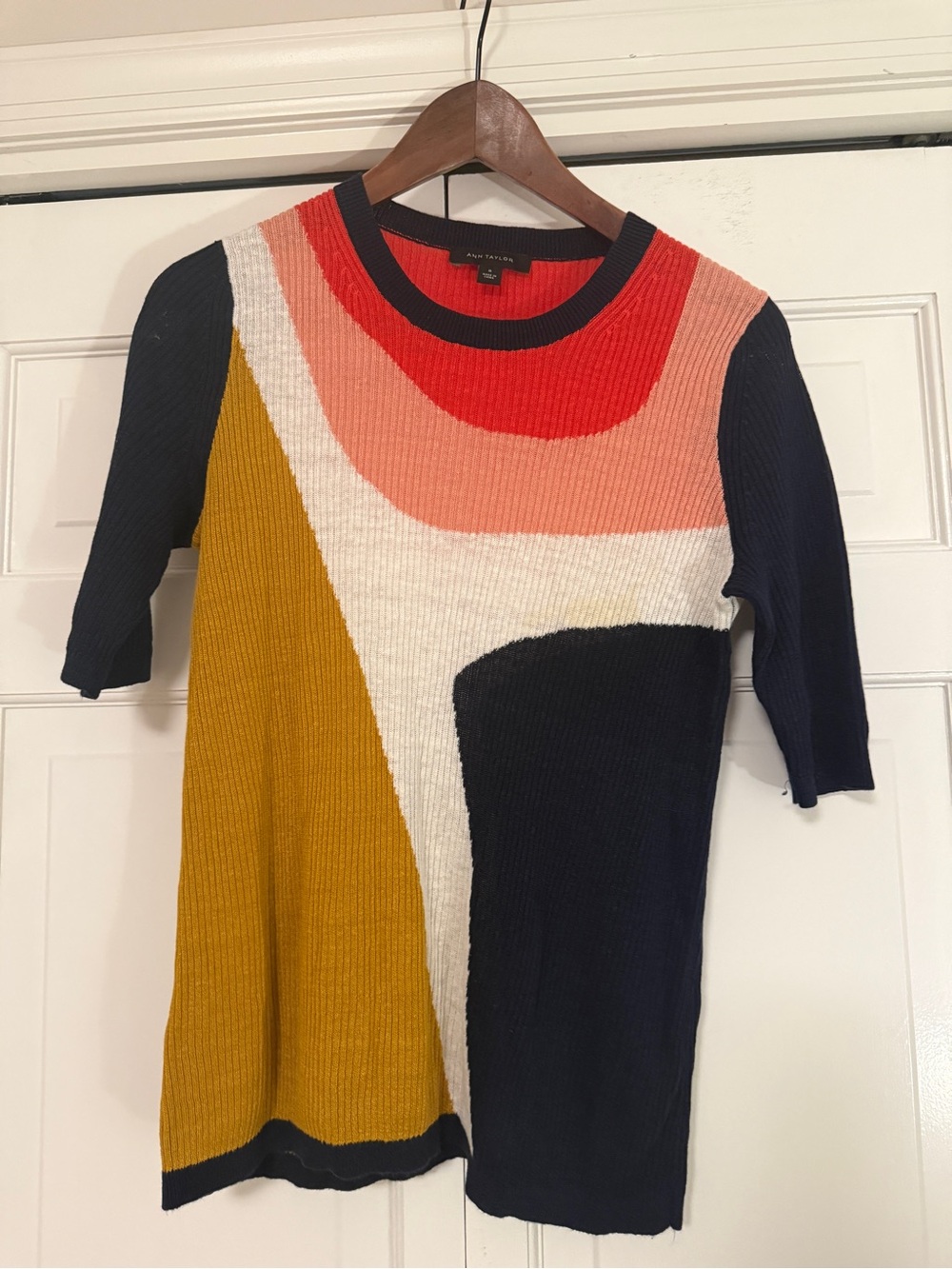 Ann Taylor Colorblock Short-Sleeve Crew Sweater in Navy, Mustard, Coral & Cream